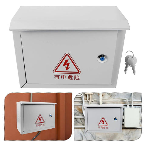 Front view of Weatherproof Metal Electrical Junction Box Outdoor Enclosure 300x400x160mm with red electrical hazard symbol and lock
