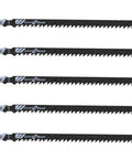 Rock Solid T Shank Jigsaw Blades Beefy High Carbon Steel Jig Saw Replacements For Cutting Wood Hardwood Metal Pvc And Plastic With No Fuss Quick Swap Design set of five blades with 6 TPI for various materials.