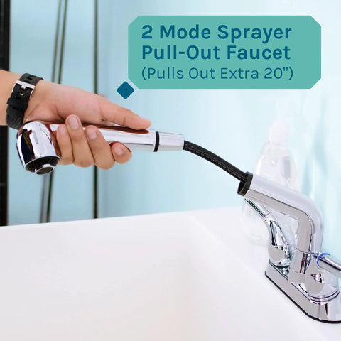 White Utility Sink With Pull Out Chrome Faucet And Sprayer For Laundry Room Basement Garage Or Shop, showing faucet spray detail