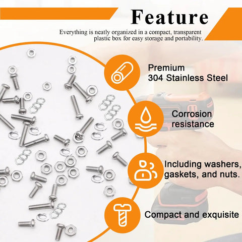 Hella Durable Top Shelf 304 Stainless Steel Metric Micro Screw And Hex Nut Assortment Tray with washers, organized in a clear box.