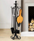 Heavy Duty 19 Inch Fireplace Bellows For Home And Camp, Large Wood Fire Blower With Hanging Strap And Long Zinc Nozzle on an iron stand.