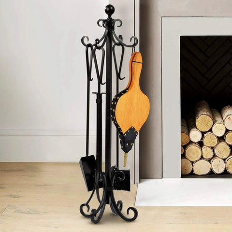 Heavy Duty 19 Inch Fireplace Bellows For Home And Camp, Large Wood Fire Blower With Hanging Strap And Long Zinc Nozzle on an iron stand.