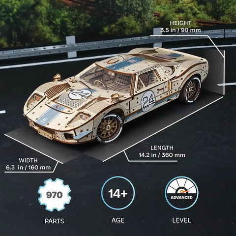 Endurance Racer 3D Wooden Puzzle Kit for Adults, DIY Mechanical Car Model With Realistic Transmission, Pistons, Suspension, and Radiator Fan, Wood Sports Car Brain Teaser and Epic Hobby Gift, 14.2 in model