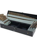 115 Piece Cobalt Drill Bits Set With High Speed Steel 135 Degree Point Twist Jobber Length For Hardened Metal Plastic And Wood In Durable Metal Indexed Storage Case 1/16 To 1/2 Inch And 29 Fractional Sizes, open view showing organized bits.