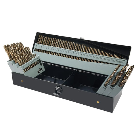 115 Piece Cobalt Drill Bits Set With High Speed Steel 135 Degree Point Twist Jobber Length For Hardened Metal Plastic And Wood In Durable Metal Indexed Storage Case 1/16 To 1/2 Inch And 29 Fractional Sizes, open view showing organized bits.