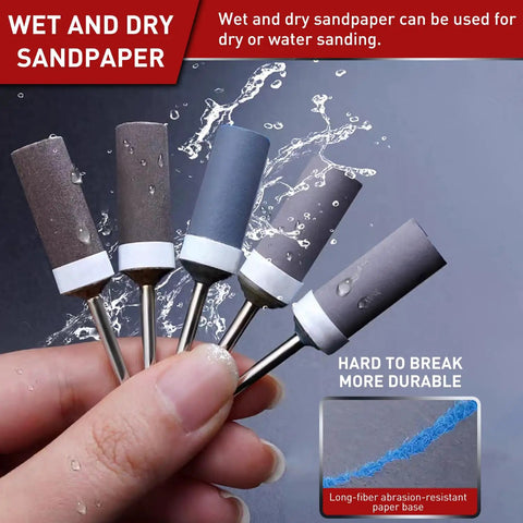 20Pcs 320 Grit Sanding Drums And Sandpaper Sticks Set For Rotary Tools in hand, showing both wet and dry usage options.
