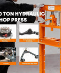 Heavy Duty H Frame Shop Press With 20 Ton Capacity And Adjustable Bench Table Solid Steel featuring tools for auto repairs.