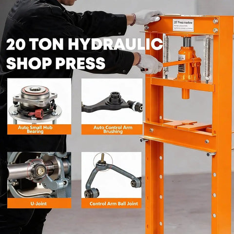 Heavy Duty H Frame Shop Press With 20 Ton Capacity And Adjustable Bench Table Solid Steel featuring tools for auto repairs.