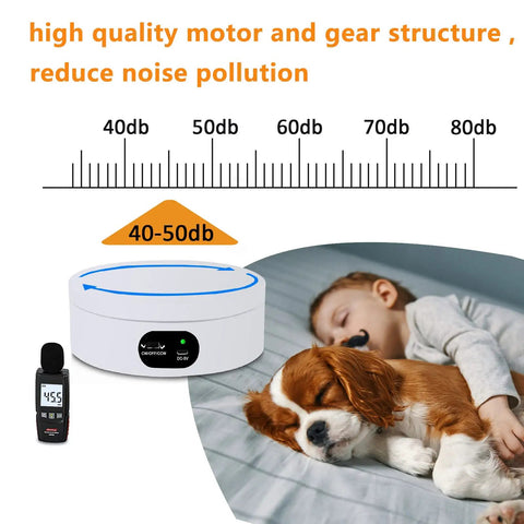 Badass Electric Powered 360 Motorized Tumbler Display Stand Super Smooth Spinning Turntable For Glitter Cups And Photo Shoots Lazy Susan Cup Rotator With Rock Solid 4 4 Pound White Base setup showing noise level measurement and sleeping pets.