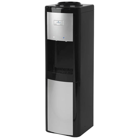 Top Load Water Dispenser With Dual Taps, Chilled Or Room Temp Water, Easy Push Button Controls, stainless steel reservoir, black and platinum finish