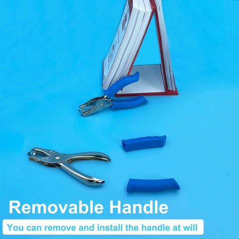1/4 Inch Hole Puncher for Crafts with removable blue soft grip handles shown on a blue background.