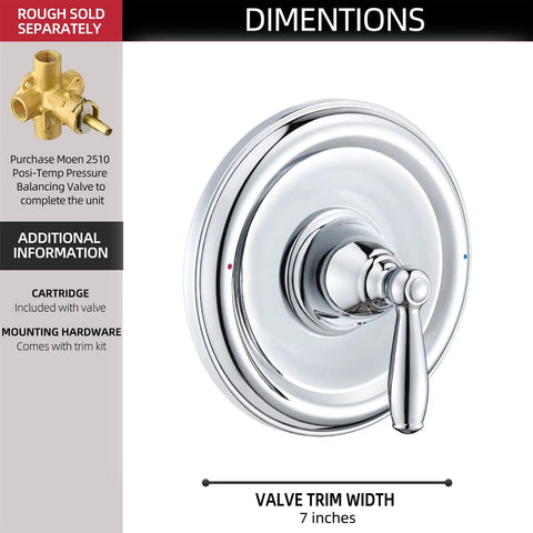 Chrome Pressure Balancing Tub And Shower Trim Kit with 7-inch Posi-Temp valve, lever handle, red and blue indicators
