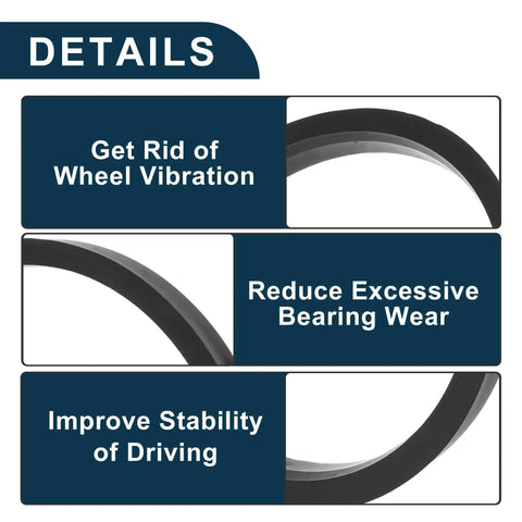 Four Pack Black Polycarbonate Wheel Hub Centric Rings displaying features to reduce vibration and bearing wear for trucks SUVs vans.