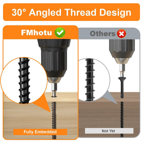 Comparison of No 10 Hidden Deck Screws 2-3/8 Inch, 350 pieces showing full embedment in wood with 30° angled thread design.