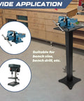 Heavy Duty Bench Grinder Stand With Vise Mount And Drill Press Ready Base, showing a sturdy steel construction and space for tools.
