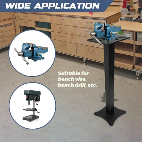 Heavy Duty Bench Grinder Stand With Vise Mount And Drill Press Ready Base, showing a sturdy steel construction and space for tools.