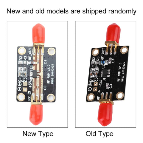 Wideband LNA Amplifier Module 0.01 To 4 GHz with new and old models, compact design, red connectors, front view.