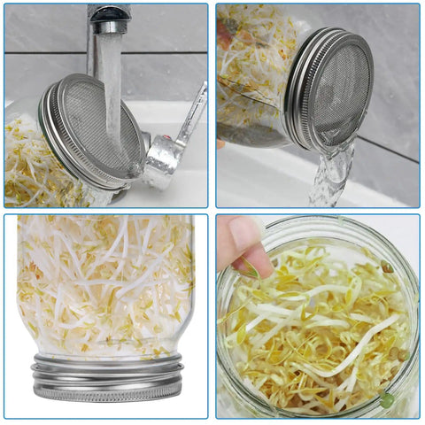 No Fuss All In One Sprouting Jar Kit With Wide Mouth Quart Mason Jars, Stainless Steel Sprout Lids, growing alfalfa sprouts view