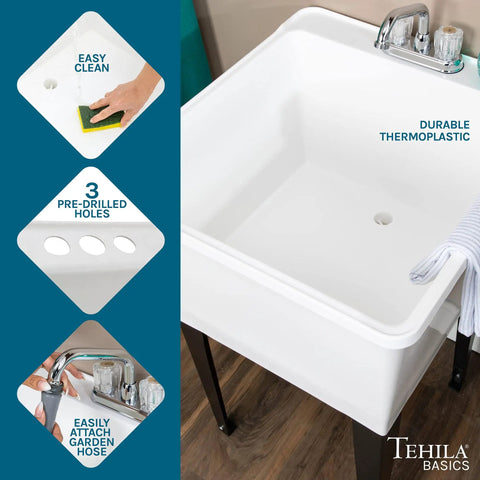 Heavy Duty Plastic Laundry Tub Featuring A Spacious 21 Gallon Basin With Sturdy Adjustable Freestanding Frame And Sleek Two Handle Faucet for easy cleaning.