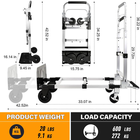 3 In 1 Convertible Hand Truck Folding Aluminum Dolly Cart With 2 Straps, Easy Setup And Smooth Transition Between Modes, Lightweight Yet Built Tough For Moving Boxes, Appliances, And Heavy Loads At Home, Workshop, Or Garage. shown folded and open, 600 lb capacity