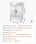 Heavy Duty Stainless Steel Upright Freezer 54 Inches Wide 44 Cubic Feet with double doors and adjustable racks.