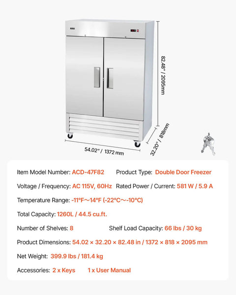 Heavy Duty Stainless Steel Upright Freezer 54 Inches Wide 44 Cubic Feet with double doors and adjustable racks.