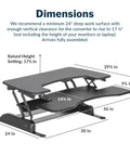 Pro Plus 36 Adjustable Desk Converter With 11 Height Settings For Dual Monitor Sit Stand Desk Riser Ideal For Home Office Table Tops And Workspace Fully Assembled With Spring Loaded Lift Black showing dimensions and raised height setting
