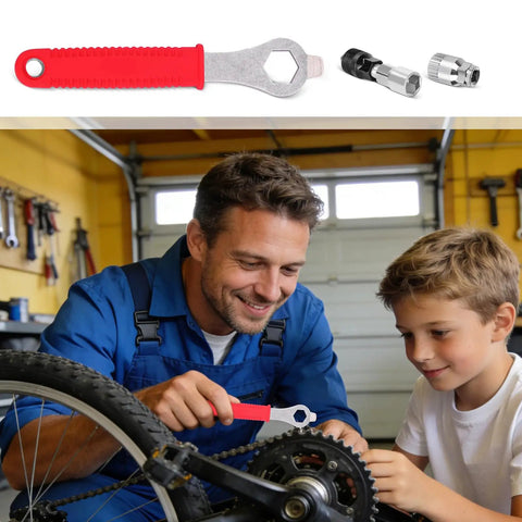 Crank Extractor Tool Set For Bikes With 16mm Spanner And 20 Tooth Bottom Bracket Remover, man and boy repairing bike in garage