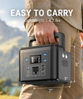 Person holding Compact 200W Portable Power Station With 192Wh LiFePO4 Battery Solar Generator for camping; lightweight with handle