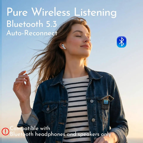 Woman enjoying music with 64GB Clip On MP3 Player With Bluetooth 5.3 Auto Reconnect For Running And Gym Workouts Portable Music Player