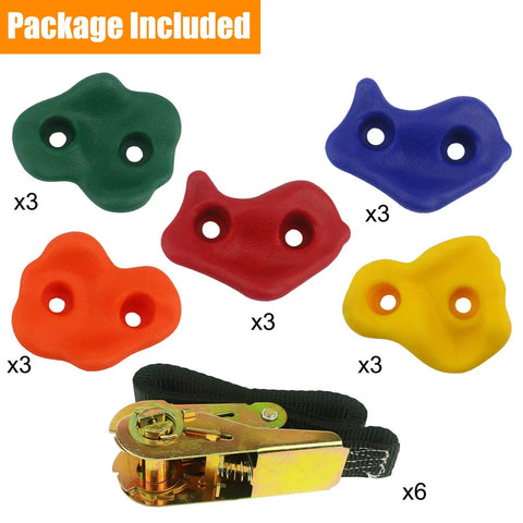 Package contents of Ninja Tree Climbing Holds Kit with colorful holds and ratchet straps for backyard ninja play and fitness
