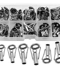 All In One Fishing Rod Tip Repair Kit For Freshwater And Saltwater Rods With Stainless Steel Ceramic Ring Guides, 50 Piece Replacement Set, Includes 1.6mm To 3.0mm Hole Sizes For Quick Durable Tip Fixes. Assorted rod tip guides in organizer tray