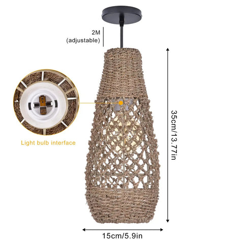 Boho Rattan Pendant Light Fixture, Mini Farmhouse Natural Chandelier, handwoven wicker with light bulb interface, 35cm height