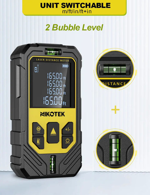 Laser Distance Meter With Dual Bubble Levels And Backlit LCD, Ultra Accurate Measuring Tool For Distance, Area And Volume, Pythagorean Mode, 165 Ft Range, Switchable Units M In Ft, Easy Readouts, front view