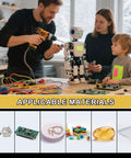 Family building robot with Micro Drill Bit Set 0.1mm To 3mm In 30 Pcs, Tungsten Carbide Bits, PCB, and applicable materials displayed.