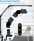 Led Desk Lamp With Dual Light Source And Adjustable Swing Arm Clip On Eye Care Desk Light With 4 Cct Modes And 5 Brightness Levels Architect Style Task Light For Your Home Office Or Study Setup showcasing 7 rotating parts and control panel details.