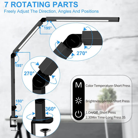 Led Desk Lamp With Dual Light Source And Adjustable Swing Arm Clip On Eye Care Desk Light With 4 Cct Modes And 5 Brightness Levels Architect Style Task Light For Your Home Office Or Study Setup showcasing 7 rotating parts and control panel details.