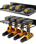 Heavy Duty Power Tool Organizer Rack With Two Levels And Four Cordless Drill Holders, Space Saving Wall Mount Shelf