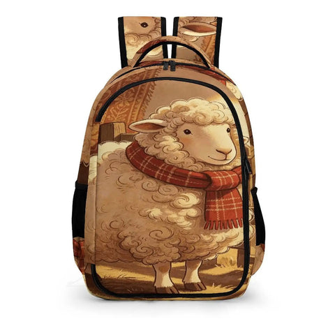 Scarf Sheep Printed Unisex Backpack With Large Capacity Everyday Daypack, showing front design and durable polyester material.
