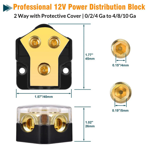 12V Power Distribution Block 2 Way Ground Splitter For Car Audio With Protective Cover And Beefy Gold Plated Brass Terminals Handles 0 2 4 Gauge Input To 4 8 10 Gauge Output Heavy Duty Ground Block For Automotive Marine Boat Truck, front and side view with measurements