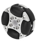 Front view of compact double aluminum omni wheel with black rollers