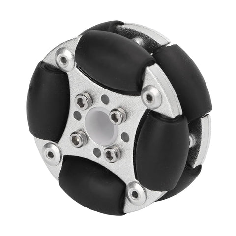 Front view of compact double aluminum omni wheel with black rollers