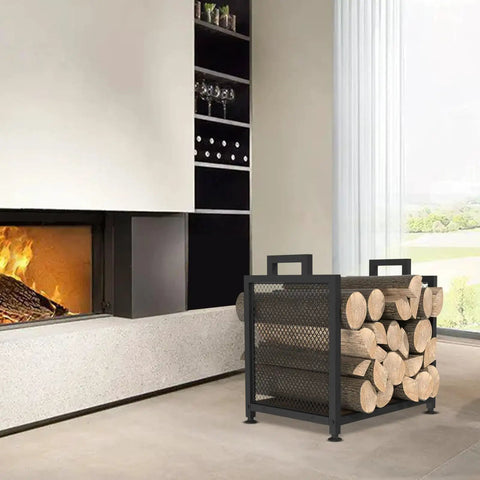 Built Tough Indoor Firewood Rack With Leather Carrier 17.32 Inch Metal Wood Storage Stand by fireplace, holding logs