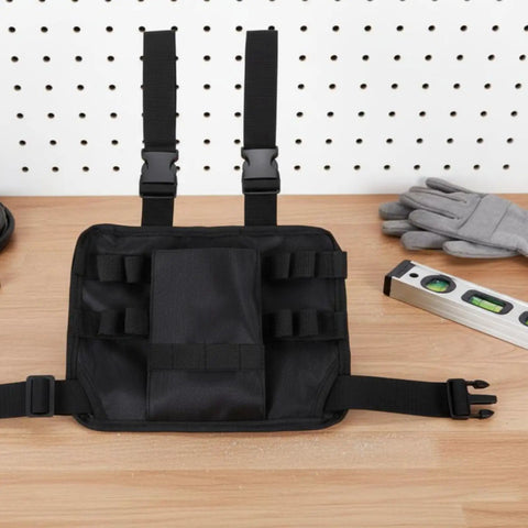 No Nonsense Heavy Duty Tool Leg Holster With Multi Compartment Elastic Loops For Quick Wrench Pliers And Screwdriver Access Rugged Nylon Utility Thigh Pouch on a wooden surface.