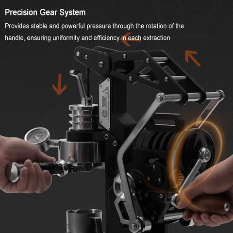 Level Up Your Coffee Game With This Dope Hand Cranked Espresso Machine Featuring Pro Grade 58mm Brewing Head And Adjustable Pressure Extraction For Silky Lattes And Cappuccinos At Home Or On The Road, showing the precision gear system and manual crank handle.
