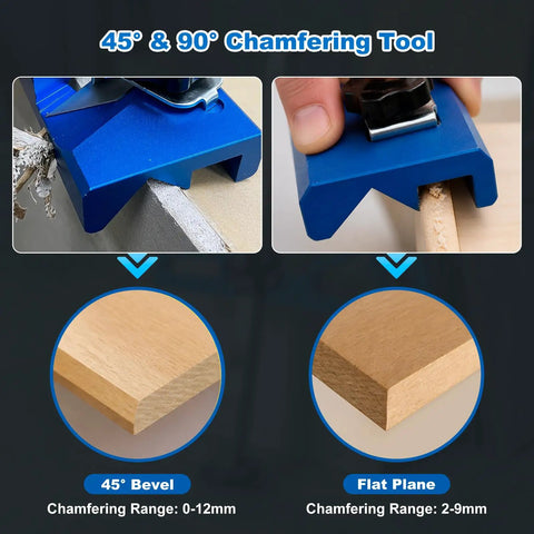 Foldable Drywall Cutter With Built In Scraper And Blades Pro Grade Adjustable Width From One To Sixty Centimeters Fits One Quarter To Five Eighths Inch Gypsum Boards Dual Scale Inches And Centimeters Edge Band And Gloves For Easy Renovations. Blue 45° and 90° chamfering tool for wood edge bevels
