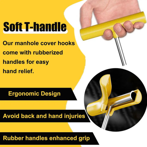 Heavy Duty Manhole Hook Lifter Tool For No Sweat Drain Lid Raising and Tough As Nails Trampoline Spring Retrieval featuring ergonomic yellow rubberized T-handle.