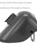 Tigerhood Classic Thermoplastic Welding Helmet With Speedy Loop Hard Hat Mount Gray Medium Built Tough For Weld Pros, side view of heat resistant Noryl shell