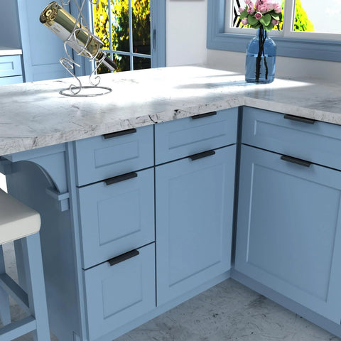 Modern kitchen with blue cabinets featuring 25 Pack Finger Edge Pulls For Black Cabinet Handles And Drawer Pulls, 5 Inch Hole Centers.