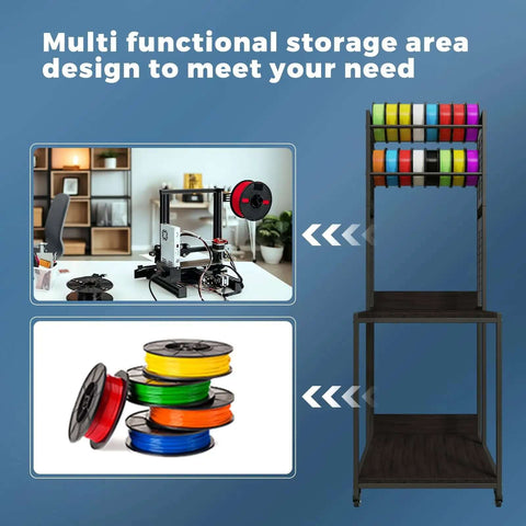 Beefed Up Heavy Duty 3D Printer Stand With Double Layer Filament Storage Rack shown with spools, on wheels for studio office use.